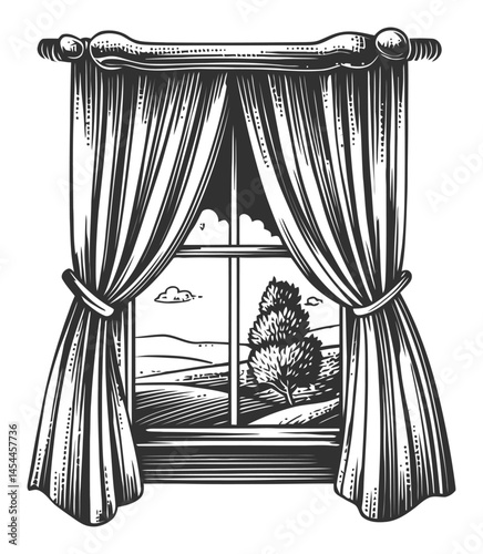 Vintage Hand-Drawn Window with Scenic View and Drapery Illustration