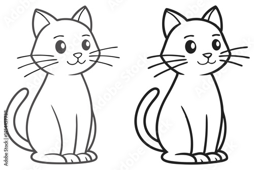 Two outlined cartoon cats sit side by side facing forward with a white background
