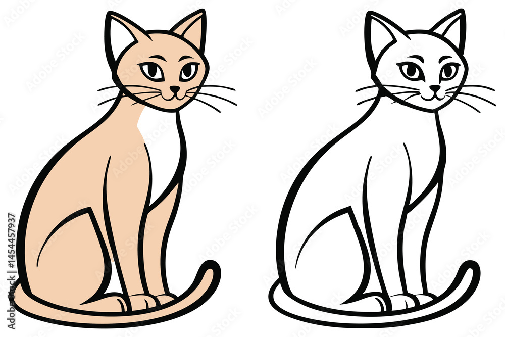 Cartoon cat drawing portrays an outlined feline alongside a colored in version on white Cartoon cat drawing portrays an outlined feline alongside a colored in version on white