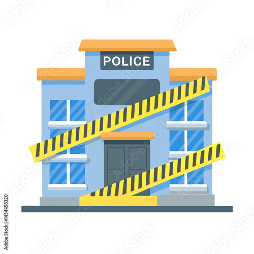 Police Station with Crime Scene Tape Icon Representing Law Enforcement and Criminal Investigation