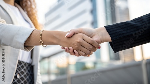 Two business people in suits shake hands, symbolizing a successful deal and corporate agreement