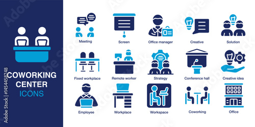 Coworking Center icon set. Containing meeting, remote worker, strategy, office manager, creative idea, employee and more. Solid vector icons collection. Vector illustration.