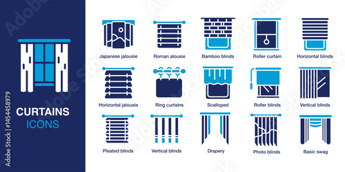 Curtains icon set. Containing Japanese jalousie, Roman jalousie, Roller curtain, Ring curtains, Vertical blinds, Drapery and more. Solid vector icons collection. Vector illustration.