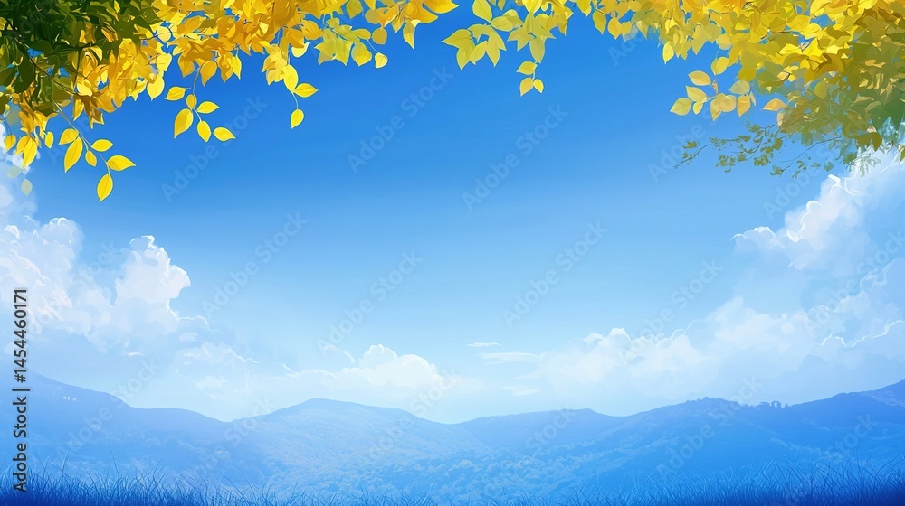 Autumnal landscape with foliage frame against a vivid blue sky.