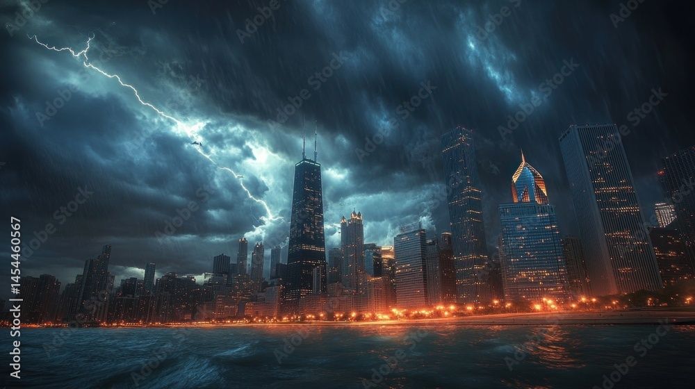 Powerful storm over a city skyline. Dark clouds, intense lightning, heavy rain, and a flooded waterfront. City lights are visible amidst the storm Powerful storm over a city skyline. Dark clouds, intense lightning, heavy rain, and a flooded waterfront. City lights are visible amidst the storm