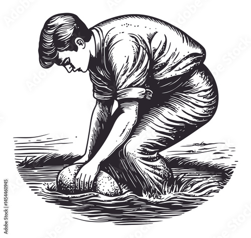 Vintage Style Man Digging Into Ground for Big Rock or Egg Discovery