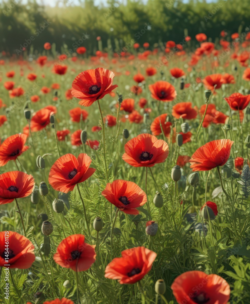 Fototapeta premium Vibrant red poppies bloom in a sun-drenched summer meadow , summer, red poppies, botany