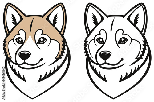 Smiling Shiba Inu face shows one color version and a linear drawing