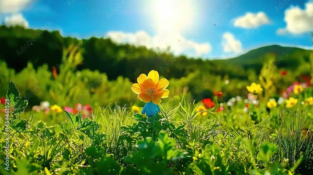 Vivid flower field with a figure and bright sunlight.