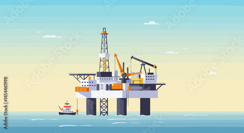 Offshore oil rig with a support boat against a pastel sky  