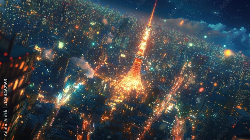 Fototapeta premium Night cityscape, Tokyo aerial view