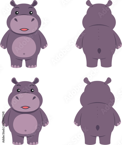 Cute cartoon hippo front and back view vector illustration ideal for t-shirt and print projects 
