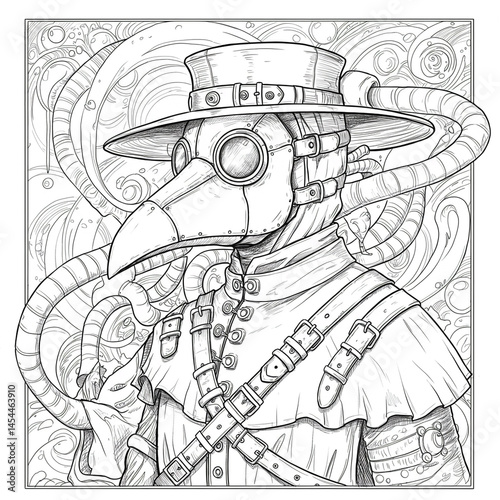 Drawing of Plague Doctor Costume with Steampunk Accents