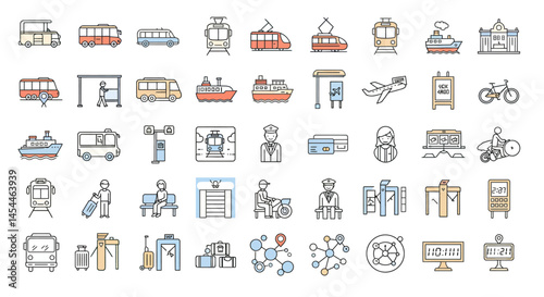 Colorful Line Art Icons Depicting Various Modes of Public Transportation and Travel