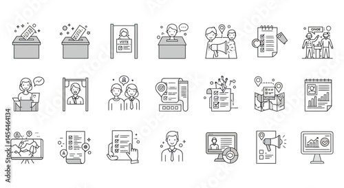 Election process icons voting box candidate volunteers results checklist