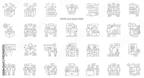 Gray Line Art Depicting Voting Boxes People and Charts on a Transparent Backdrop