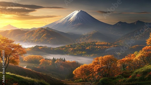 Majestic mountain peak bathed in sunrise light, autumnal foliage.