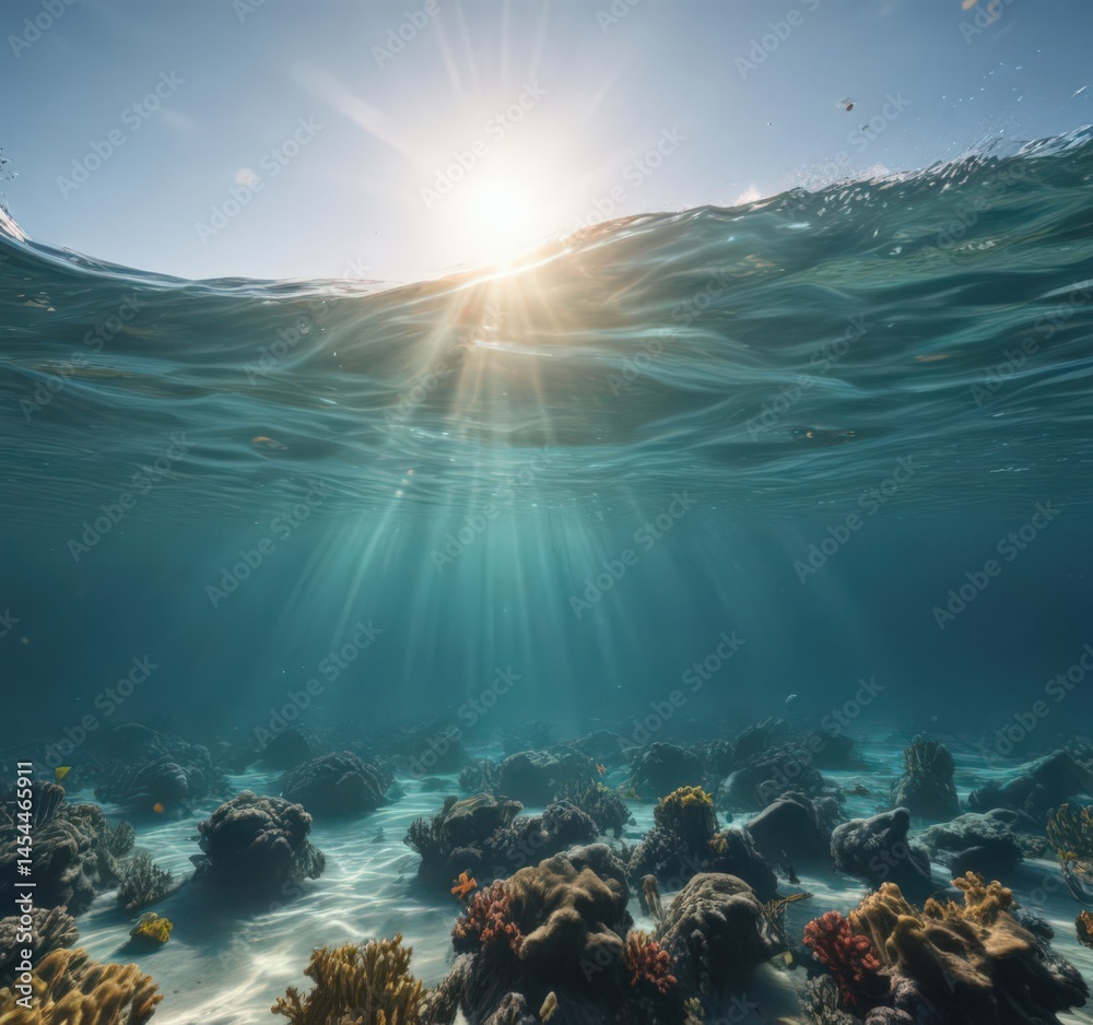 Obraz premium Sunlit ocean surface reveals vibrant underwater scene, gentle waves , surface, crystal