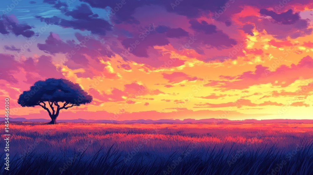 Obraz premium Sunset over the savanna. A lone tree stands tall against a vibrant sunset sky filled with colorful clouds. Golden hues paint the horizon, casting a warm glow over the expansive grassy plains