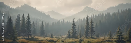 Misty mountain fir forest, vintage faded tones, moody, blue, serene