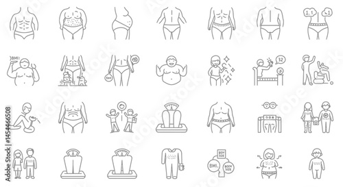 Line art icons depicting body types weight loss and health concepts