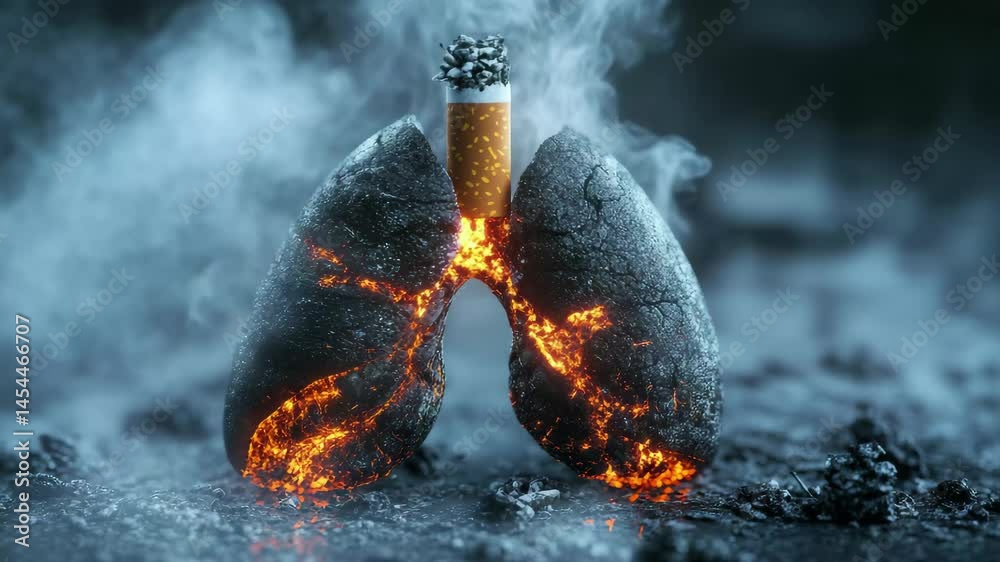 Cigarette is lit and is burning through a lung. The lung is destroyed ...