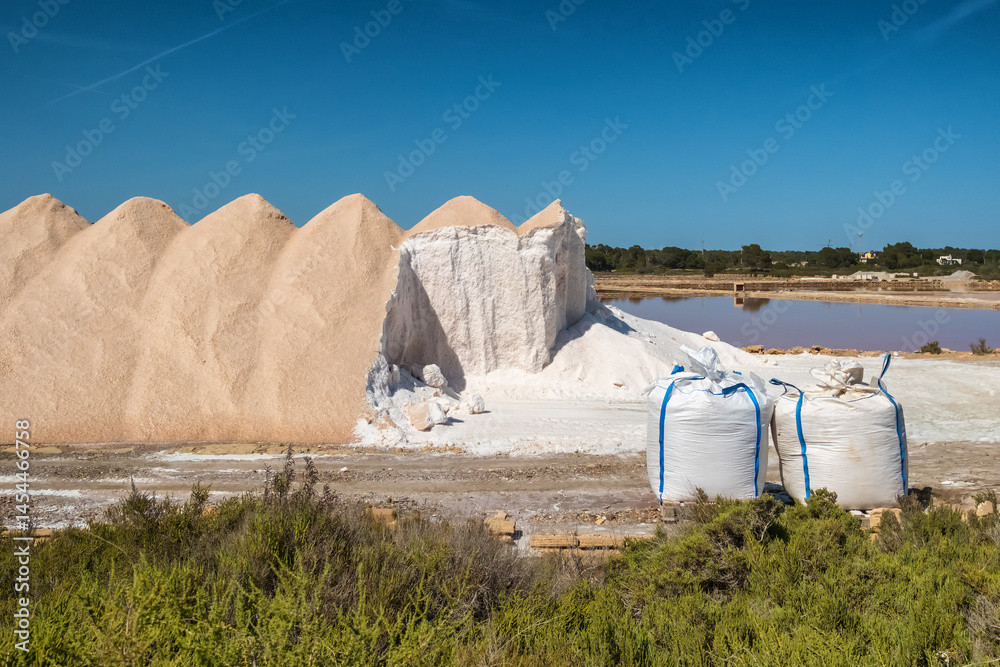 Piles of sea salt in Salinas de Es Trenc, Mallorca, Balearic Islands, Spain