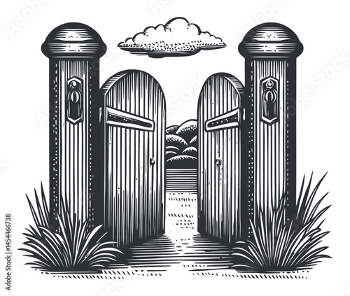 Vintage Style Wooden Garden Gates Illustration with Nature Background