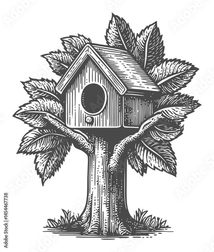 Vintage Hand-Drawn Birdhouse Nestled Among Leaves on Tree
