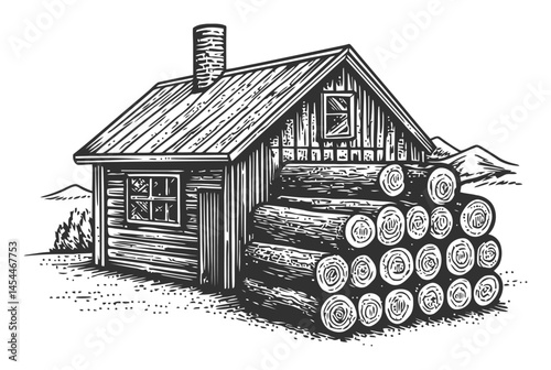 Vintage Hand-Drawn Cabin with Pile of Logs in Rustic Style Illustration