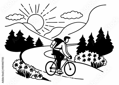 Line art sketch of man bikepacking on the road. Concept of traveling, explore, bicycle touring