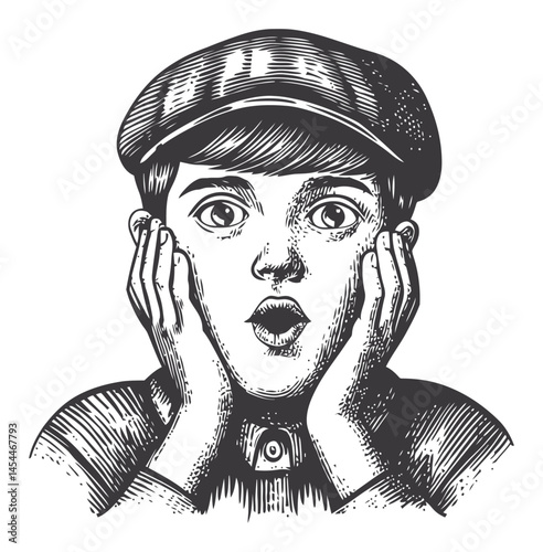 Surprised Young Boy with Vintage Cap Expressing Shock in Black and White