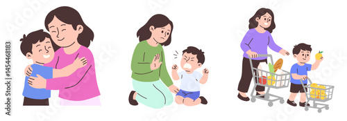 A mother's expressions with her son. From showing affection with an embrace, teaching discipline, and having fun grocery shopping together.