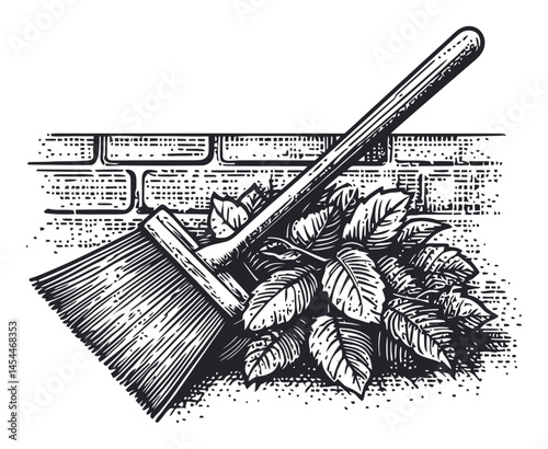 Vintage Style Illustration of a Broom with Leaves and Brick Background