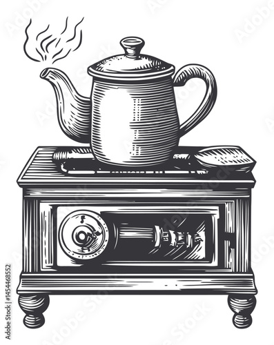 Vintage Style Teapot on a Stove with Steam Rising Vector Illustration