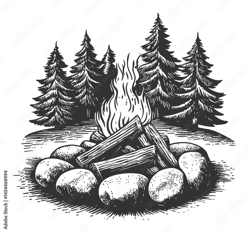 Vintage Vector Illustration of a Campfire Surrounded by Pine Trees