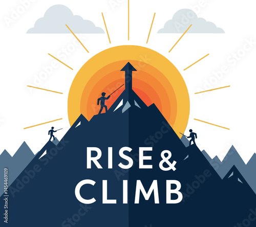 Mountain Climbing Vector Illustration with Sunrise and Motivational Text for Outdoor Projects 