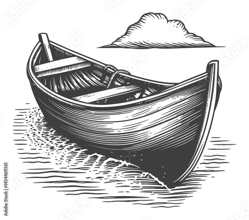 Vintage Style Hand-Drawn Boat Illustration with Clouds and Water Ripples