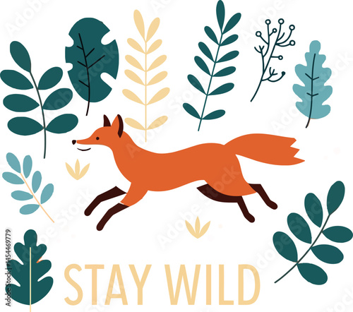 Fox running among colorful leaves with stay wild text nature inspired vector illustration for t-shirt printing 