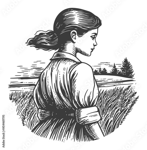 Vintage Vector Artwork of a Young Woman in a Field Landscape