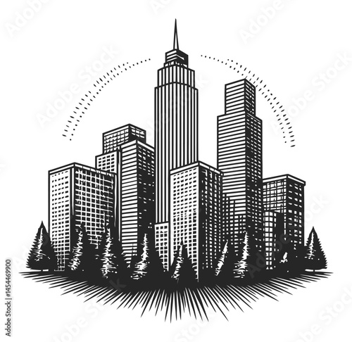 Black and White Vector Illustration of Urban Skyline with Trees