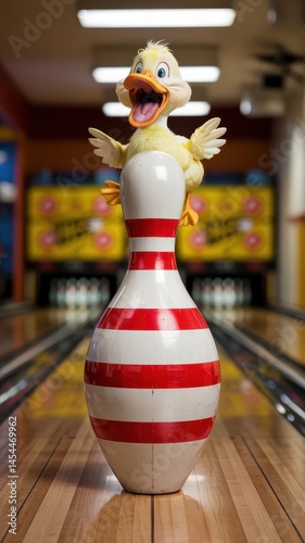 Plush yellow duck standing on bowling pin in colorful alley
