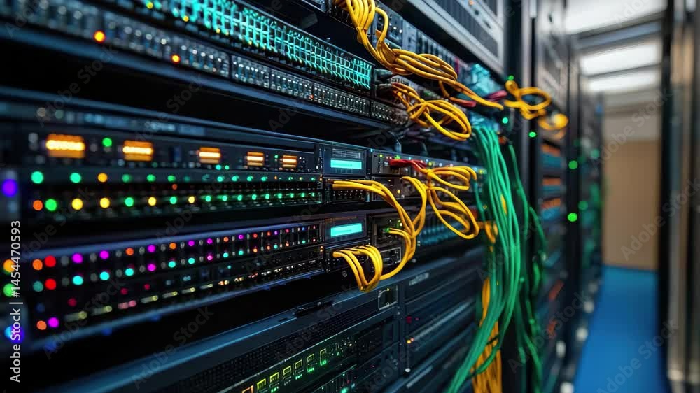 Computer server room with many cables and wires. The cables are colorful and are connected to the servers