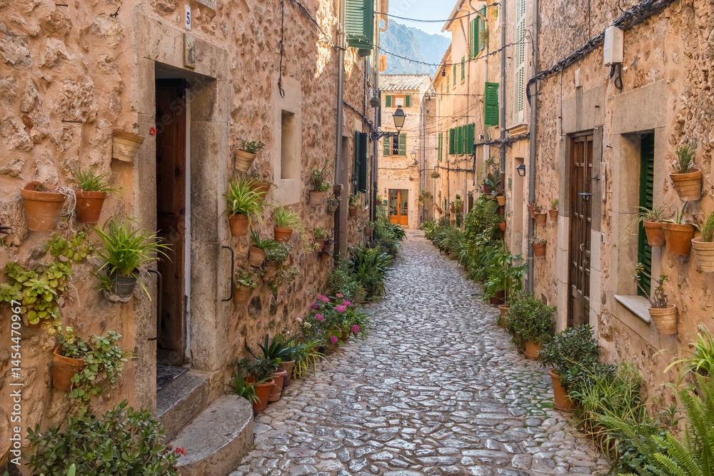 Picturesque narrow street in the Valdemossa town, Mallorca, Spain