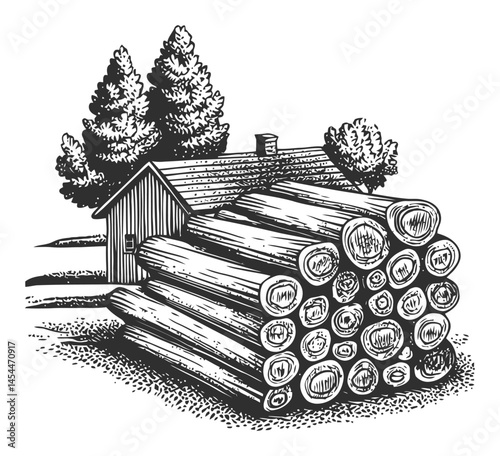Vintage Wood Cabin with Log Pile and Trees in a Rustic Style