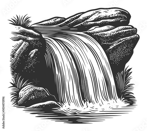 Nature-Inspired Vector Illustration of a Serene Waterfall in Black and White