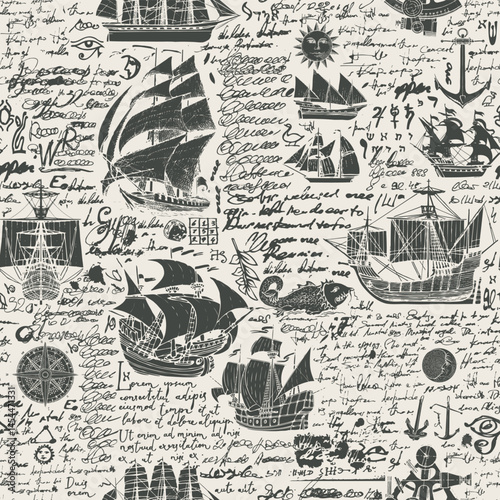 Vector abstract seamless background on theme of travel, adventure and discovery.  Hand drawings sketch with Old caravels, vintage sailing yachts, wind roses in vintage style. With illegible text