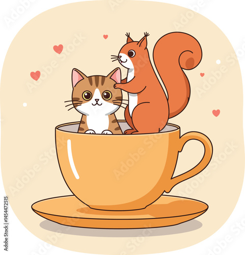 Cute cat and squirrel sitting inside yellow teacup with hearts vector illustration for t-shirt designs and cup prints 