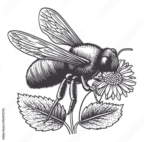 Detailed Vintage Illustration of a Bee Pollinating a Flower
