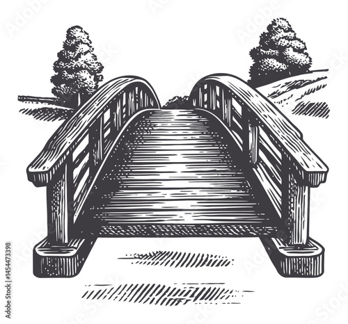 Hand-Drawn Wooden Bridge with Trees in Rustic Engraving Style